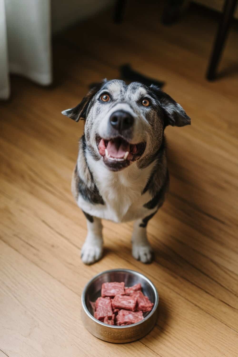 A happy dog looking at a bowl of beef liver treats.