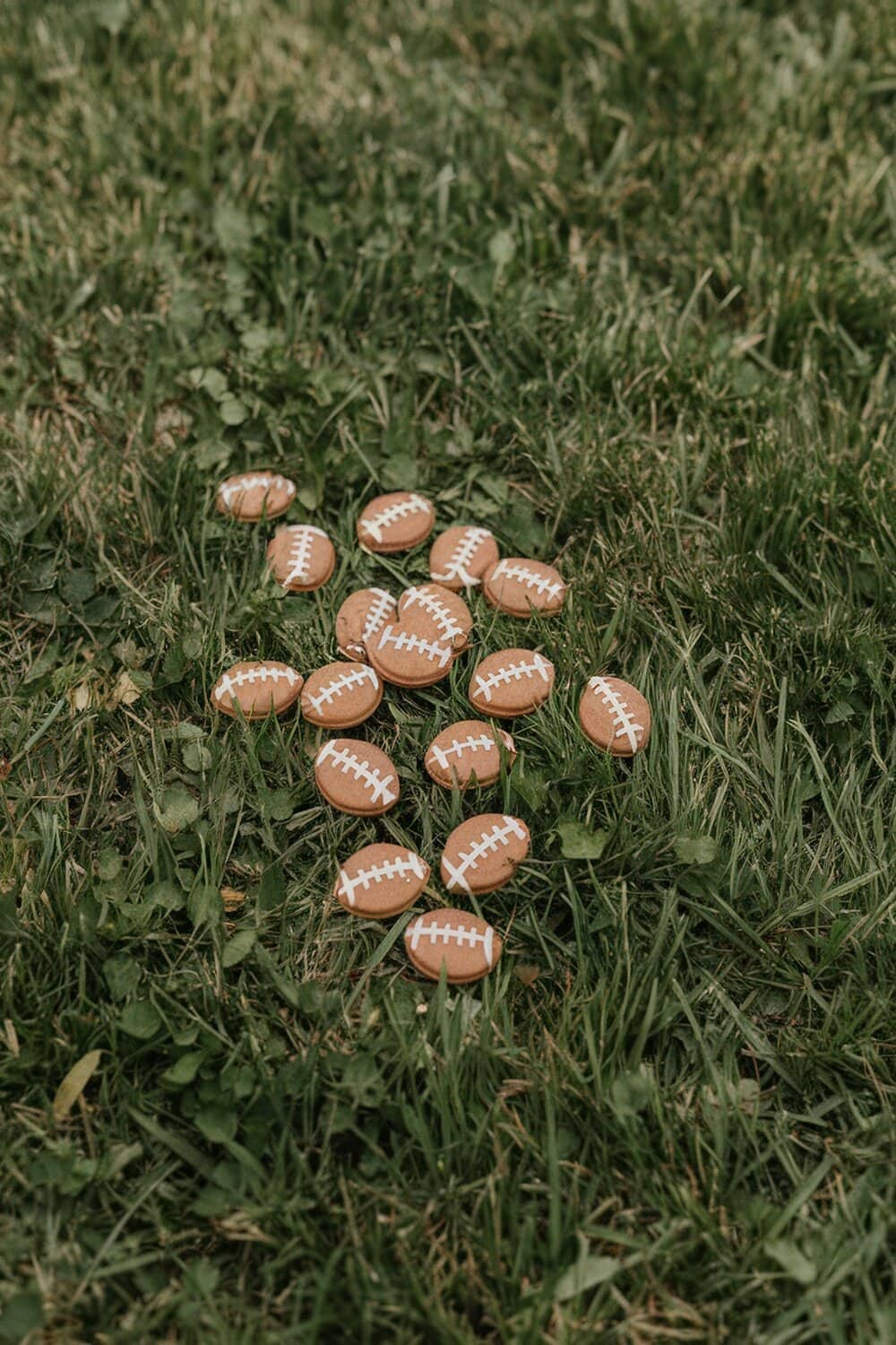 Peanut butter football-shaped dog treats on grass