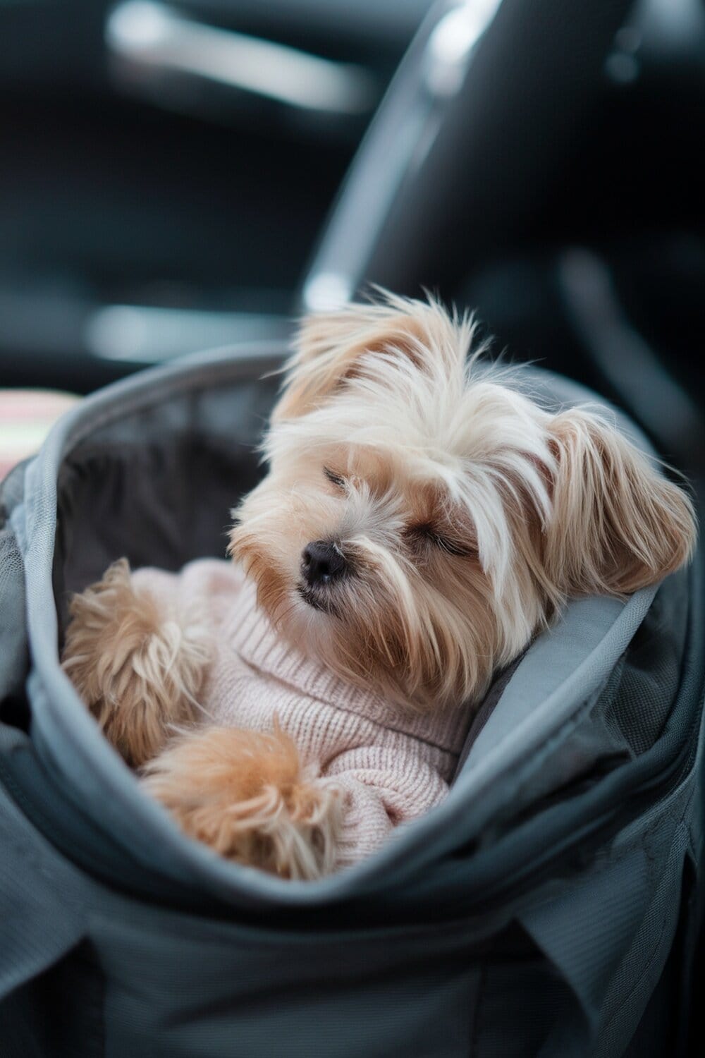 A small Maltese Yorkie mix sleeping comfortably in a travel bag.
