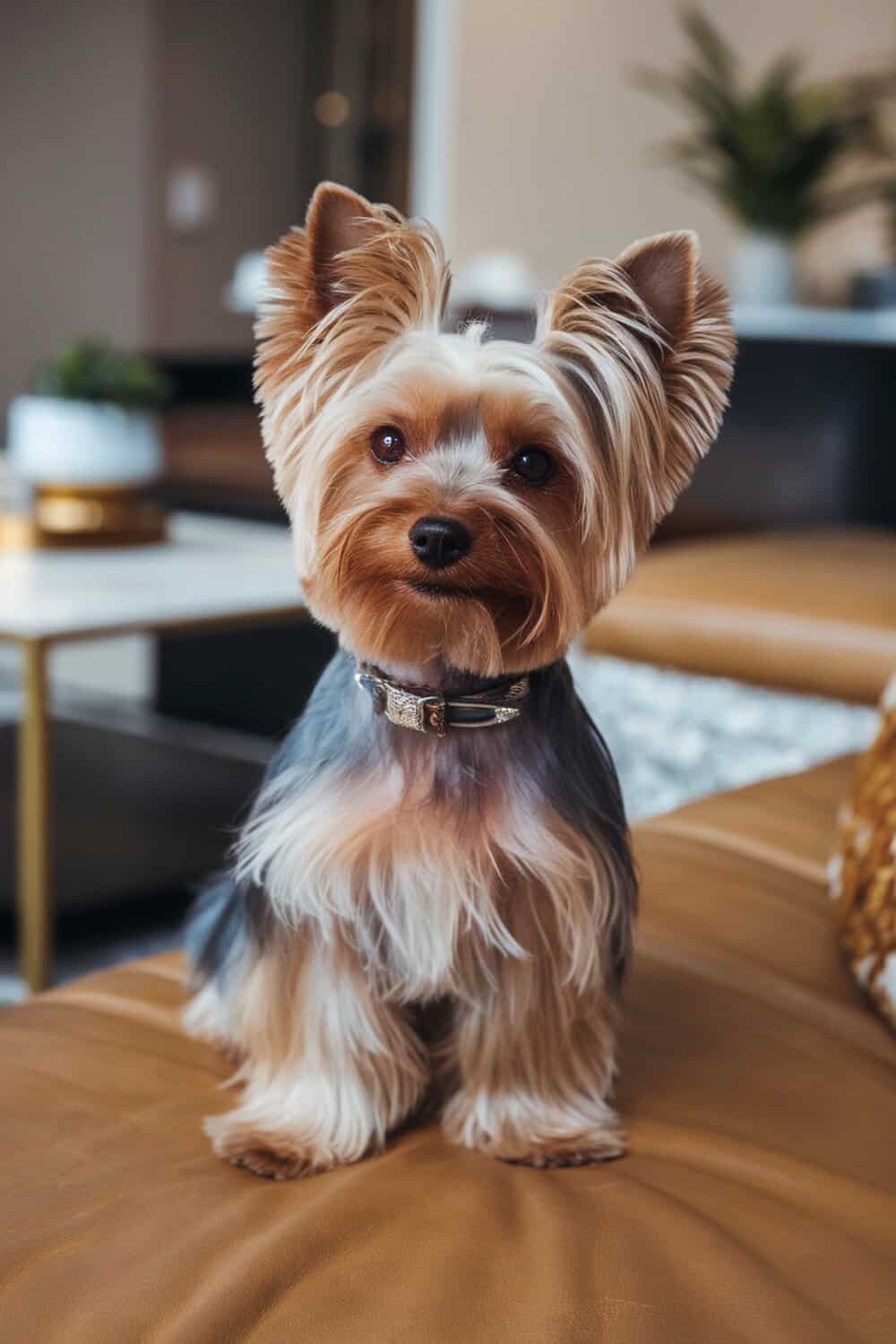 A Yorkie with an elegant teddy bear cut sitting on a couch.