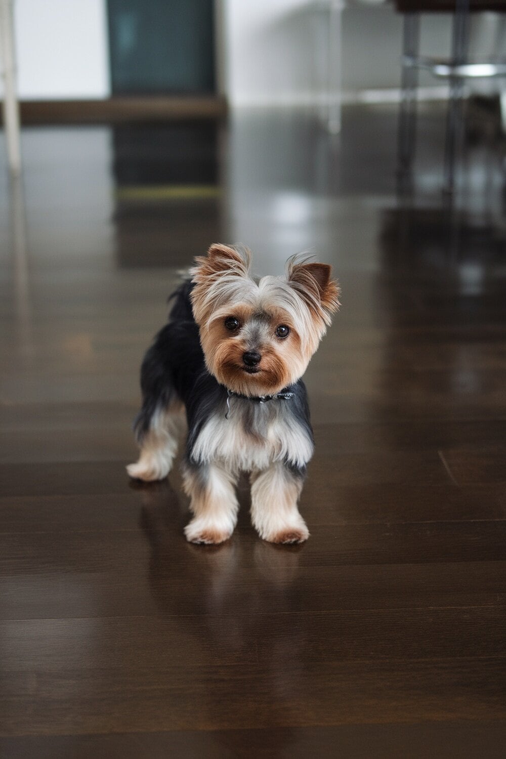 Yorkshire Terrier with a sleek teddy bear cut standing on a wooden floor.