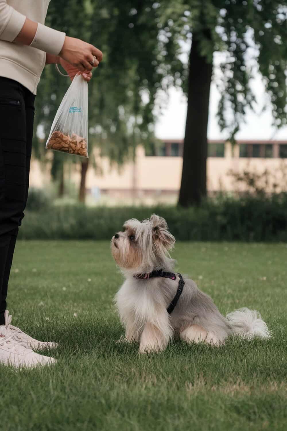 A Morkie sitting on grass, looking up at a person holding a bag of dog treats.