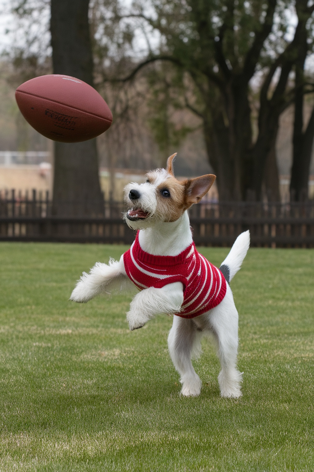 A spirited terrier dog wearing a red striped sweater, jumping to catch a football in a grassy yard.