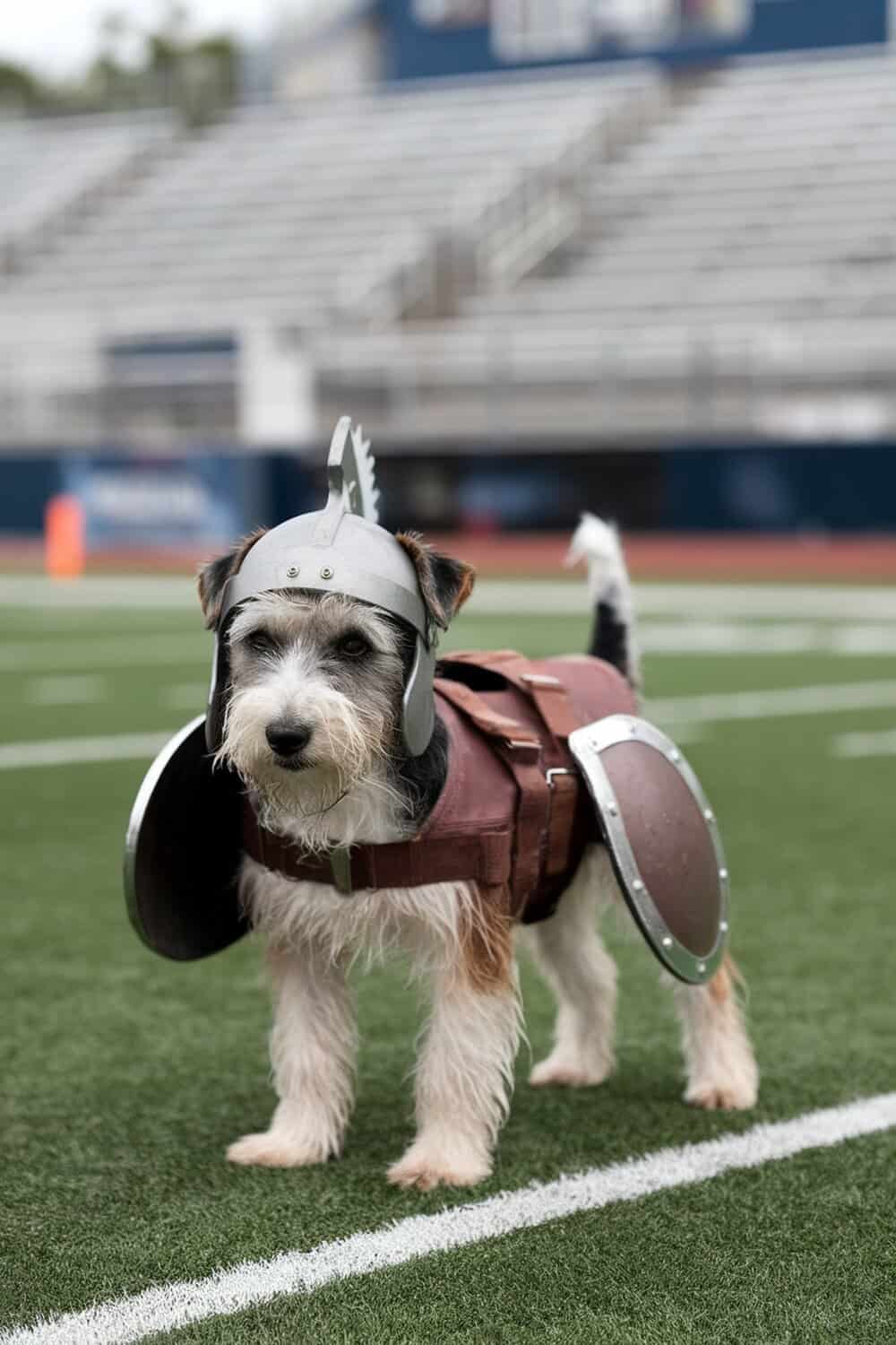 A terrier dog dressed in a gladiator costume with a helmet and shield on a football field.