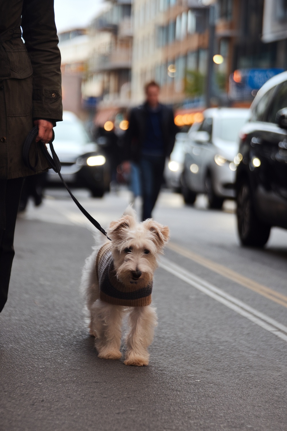 A Wheaten Terrier puppy on a leash walking down a city street.