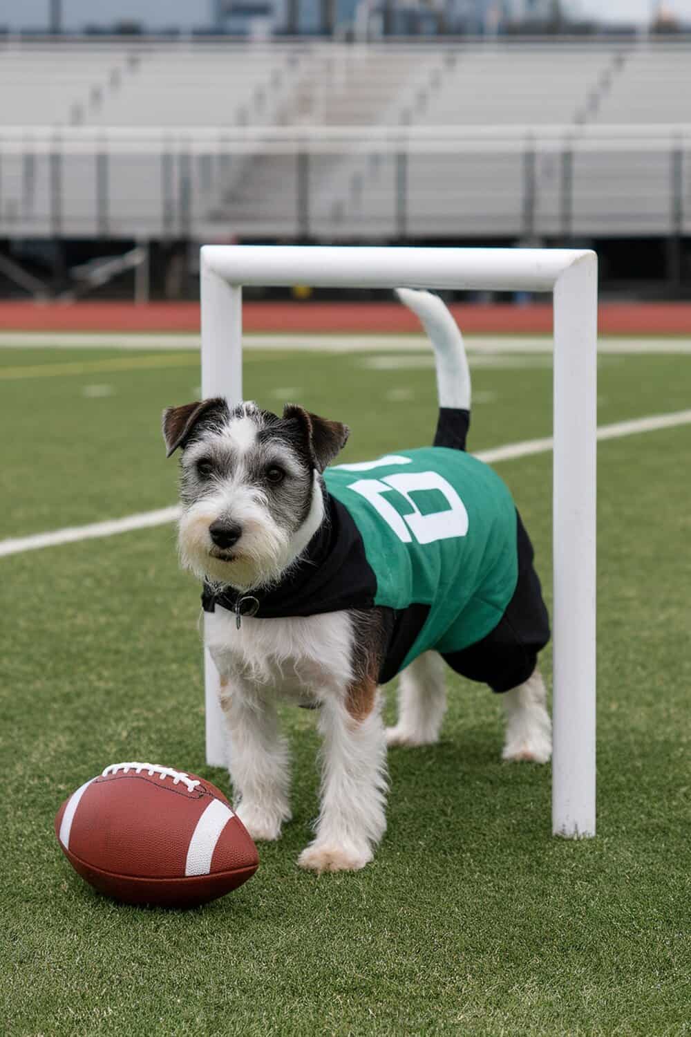 A terrier dog dressed in a green football jersey stands beside a goal post on a football field.