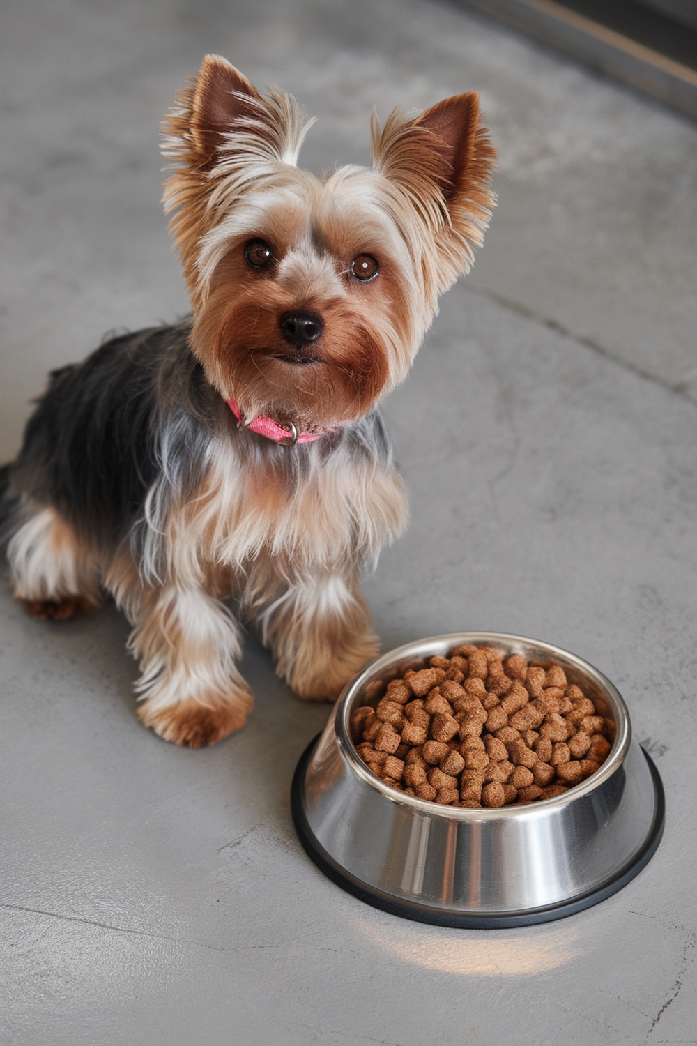 A Yorkshire Terrier sitting next to a bowl of dog food.