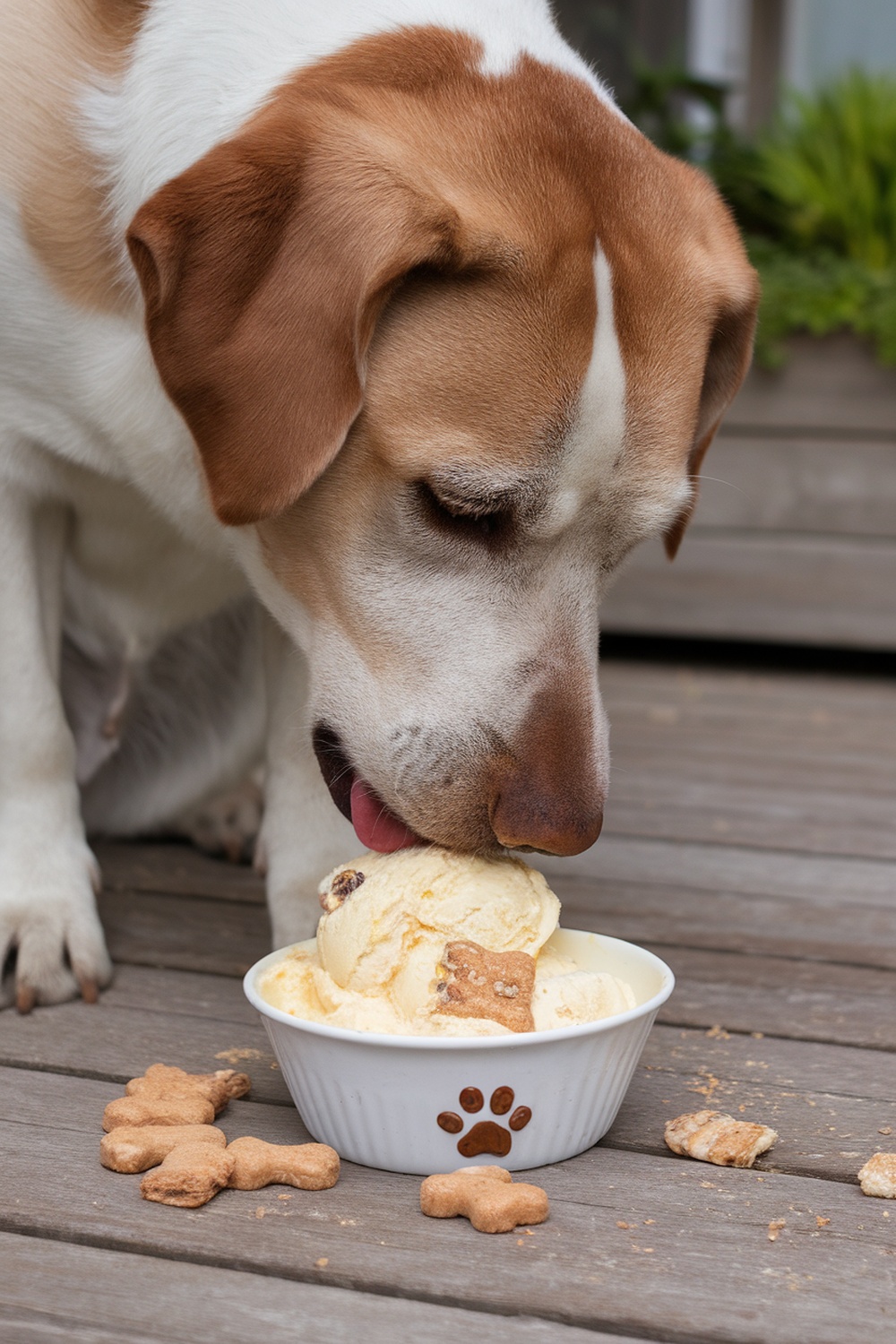 A dog enjoying homemade ice cream from a bowl with dog-shaped treats around it.