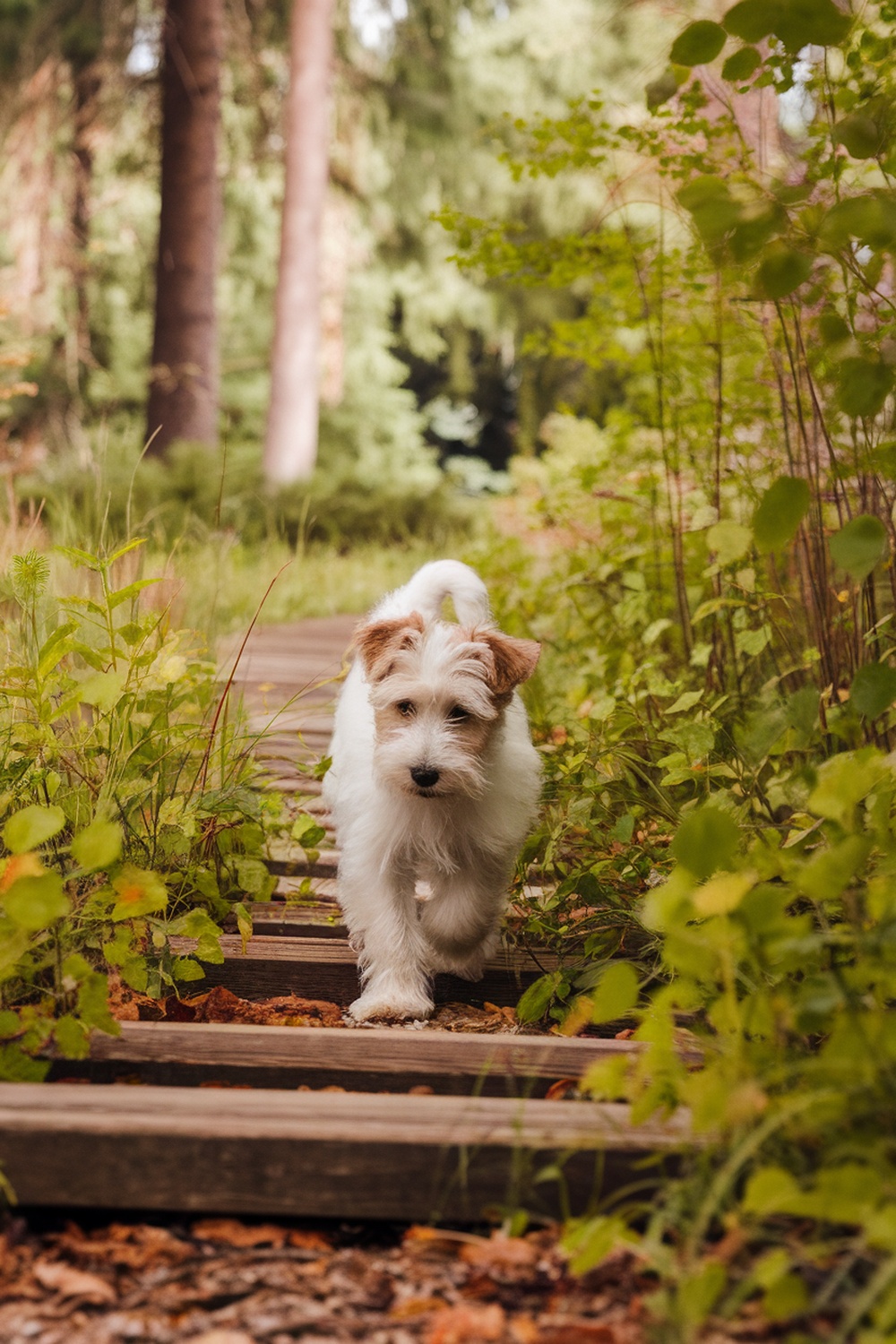 A Wheaten Terrier puppy walking along a wooden path surrounded by greenery.