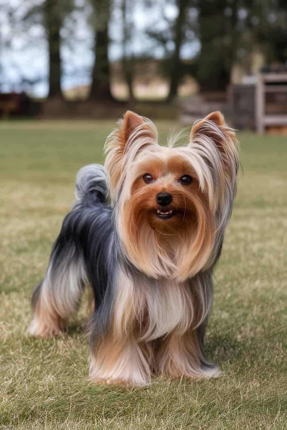 Yorkshire Terrier with a long fluffy teddy bear cut standing on grass.