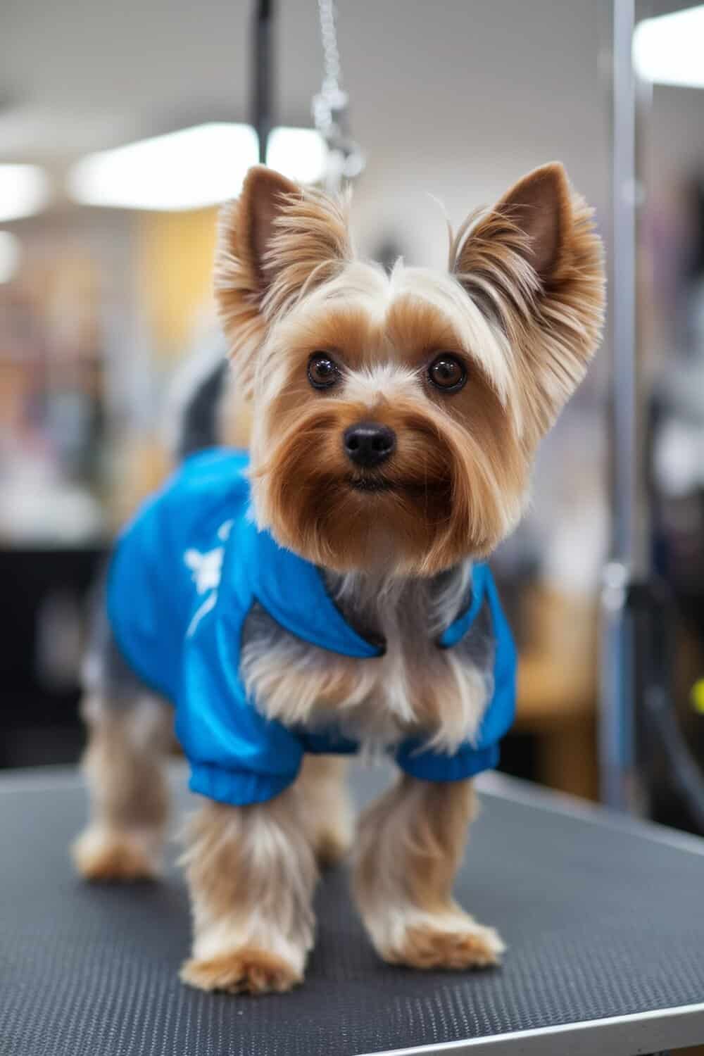 Yorkshire Terrier with a Show Dog Teddy Bear Cut, wearing a blue outfit