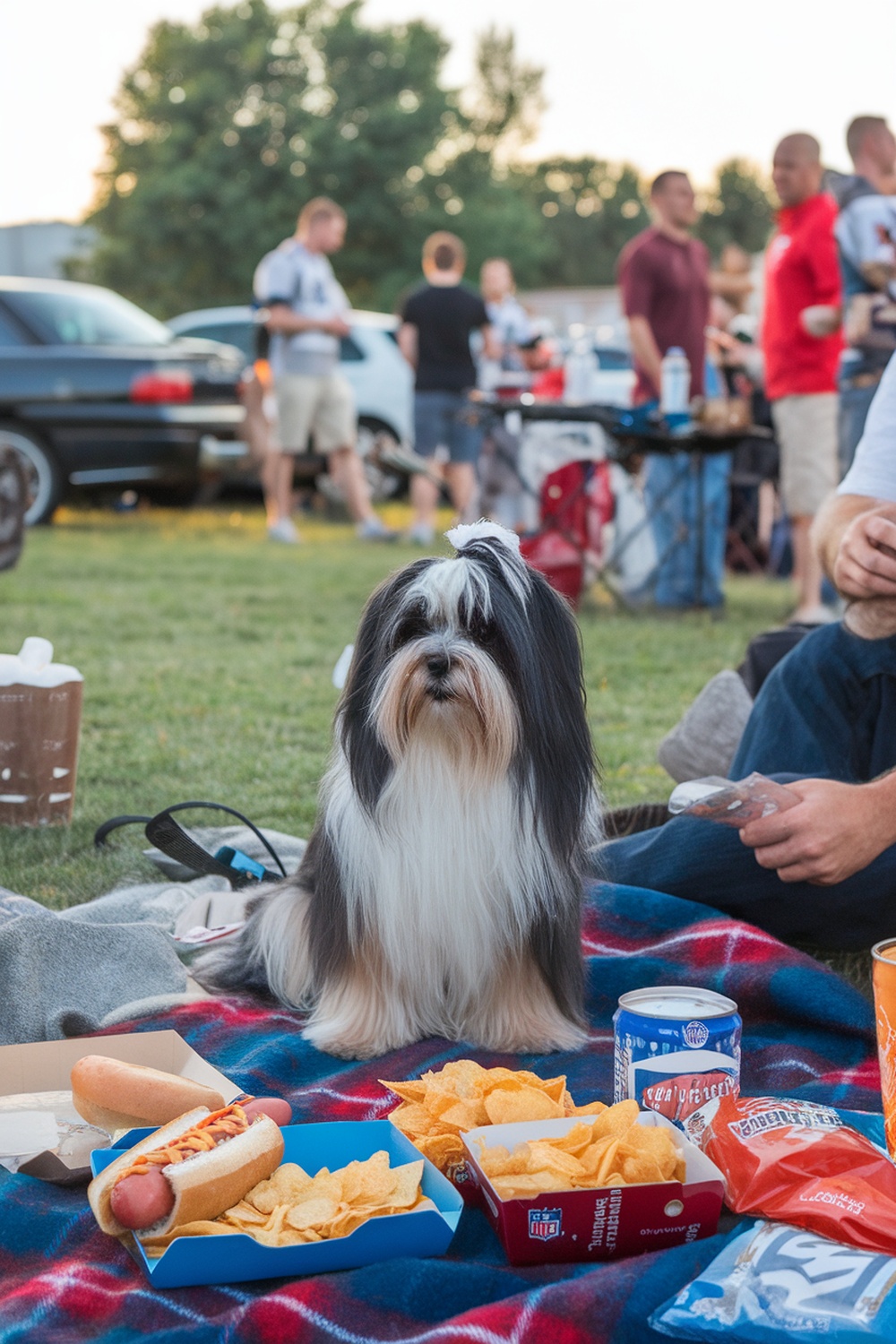 A Lhasa Apso sitting on a blanket surrounded by snacks at a football gathering.