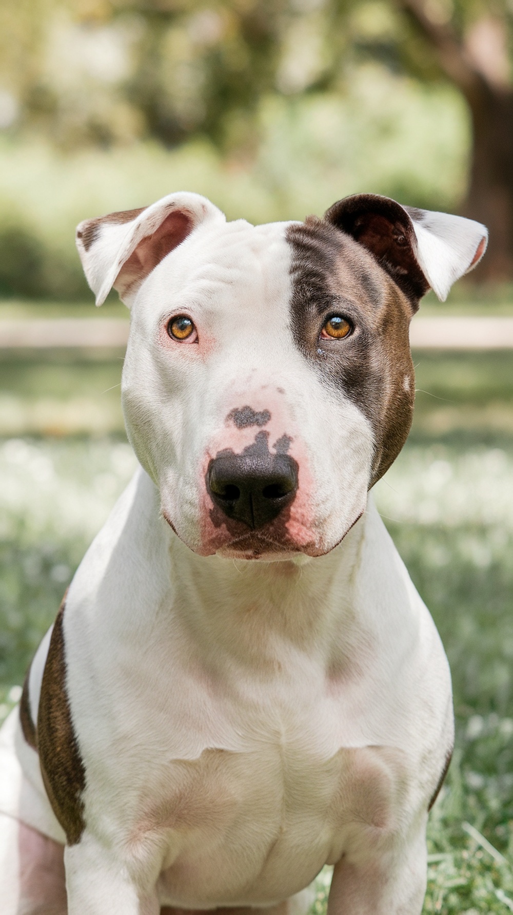 A close-up of an American Bull Terrier with a friendly expression.