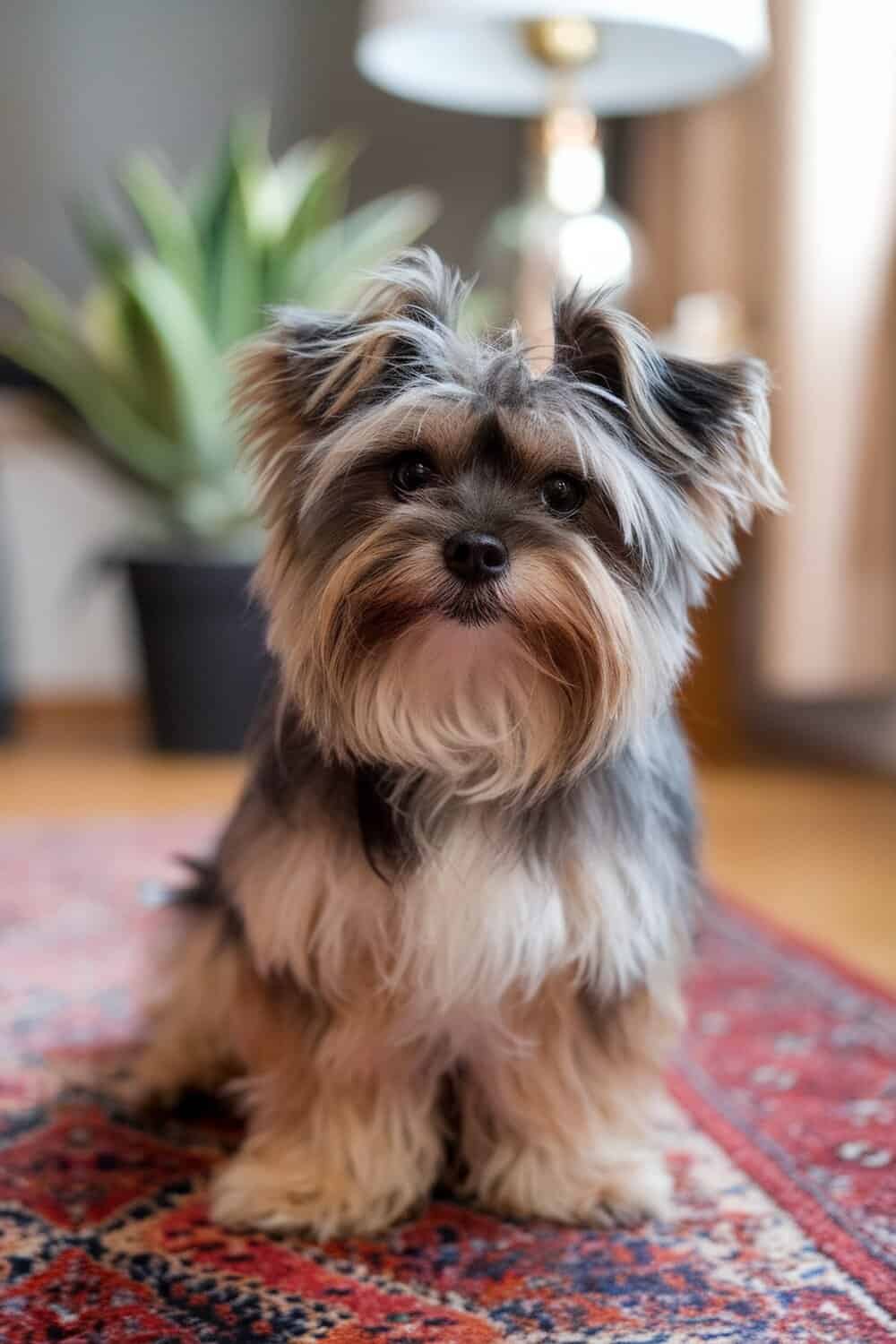 A cute Morkie sitting on a colorful rug, showcasing its vibrant personality.