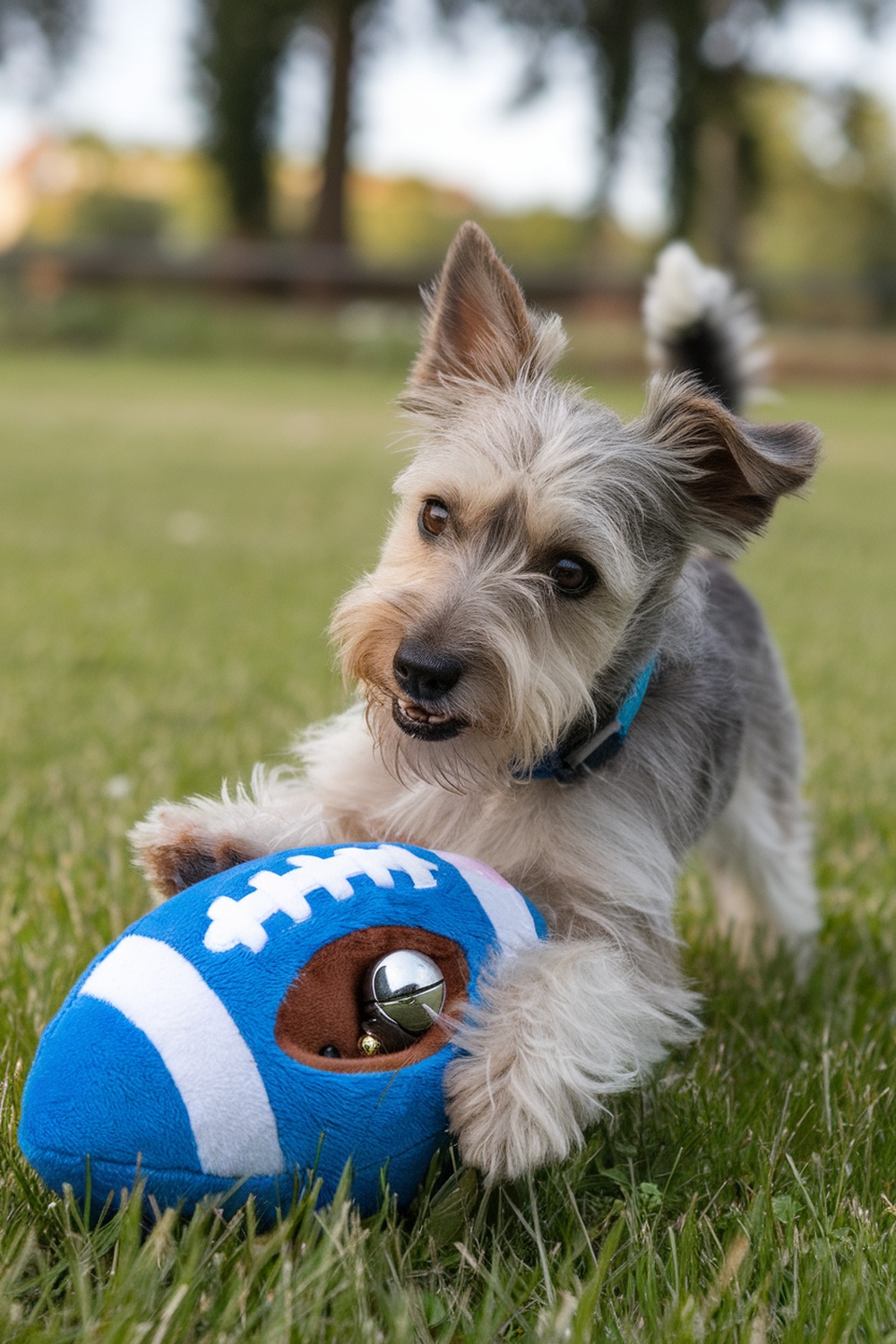 A spirited terrier playing with a blue football toy in a grassy field.