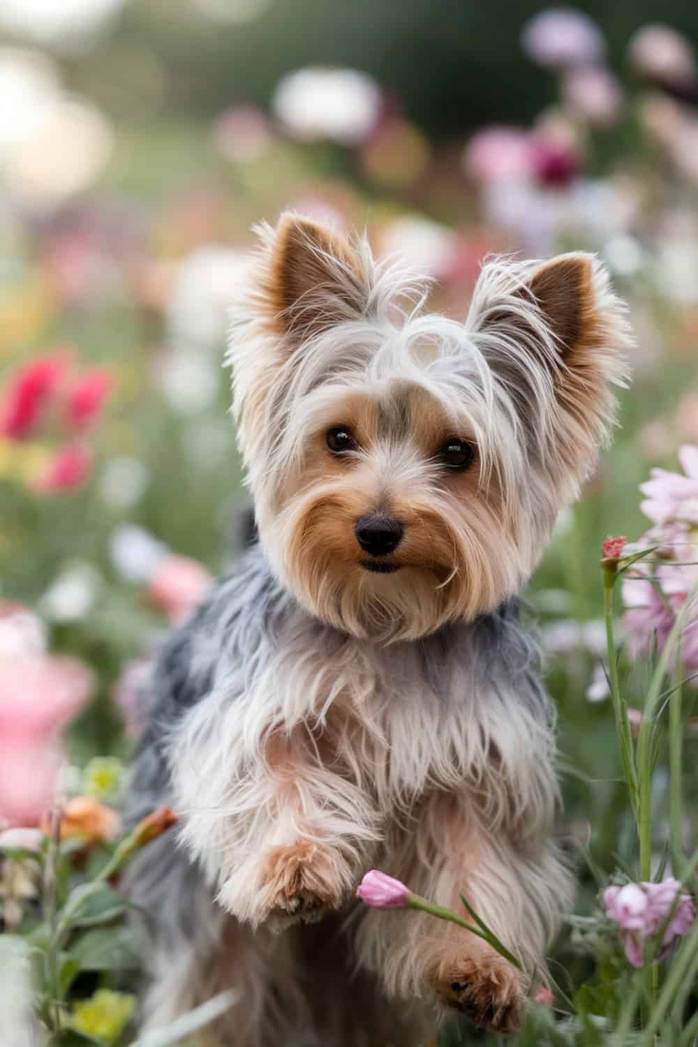 A Yorkie with a feathered teddy bear cut, surrounded by colorful flowers.