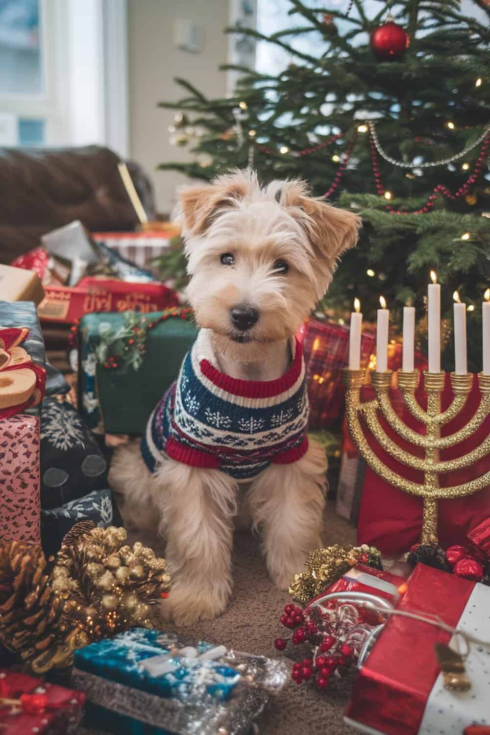 Wheaten Terrier puppy in a Christmas scene surrounded by gifts and decorations.