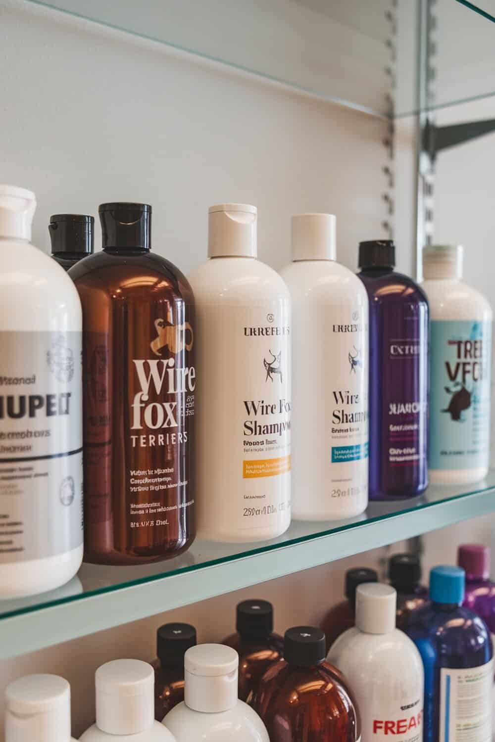 Various bottles of shampoo for Wire Fox Terriers on a shelf.