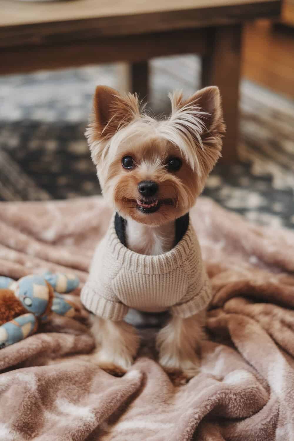 A Yorkie wearing a cozy sweater, showcasing a Short and Sweet Teddy Bear Cut.