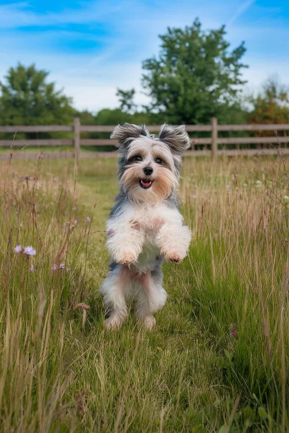 A happy Morkie jumping in a grassy field with trees in the background.