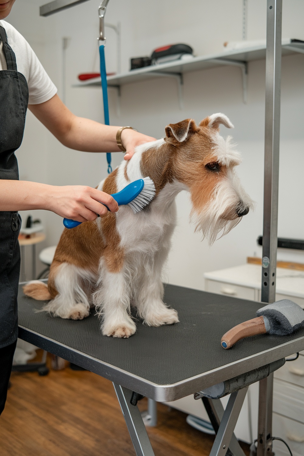 A Wire Fox Terrier being groomed with a brush by a groomer.