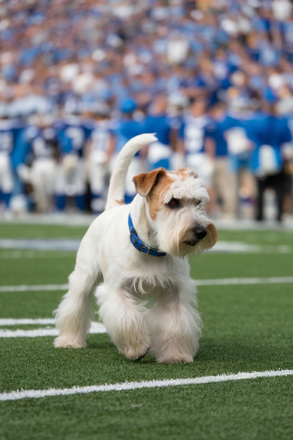 A spirited terrier dog running on a football field.