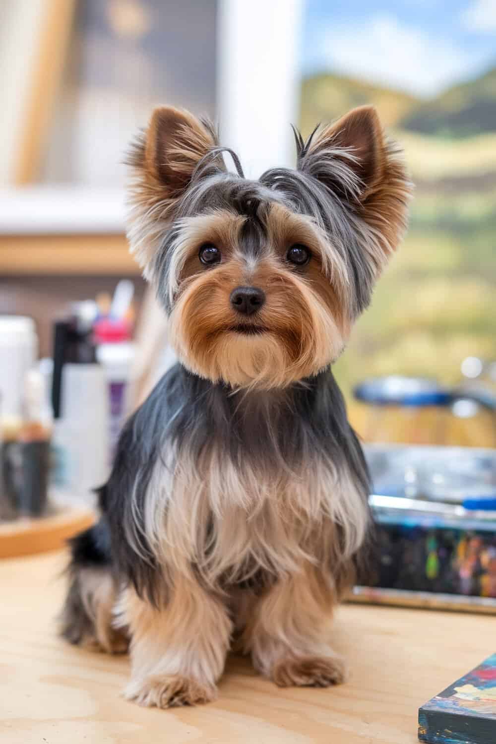 Yorkshire Terrier with an Artistic Teddy Bear Cut sitting on a table