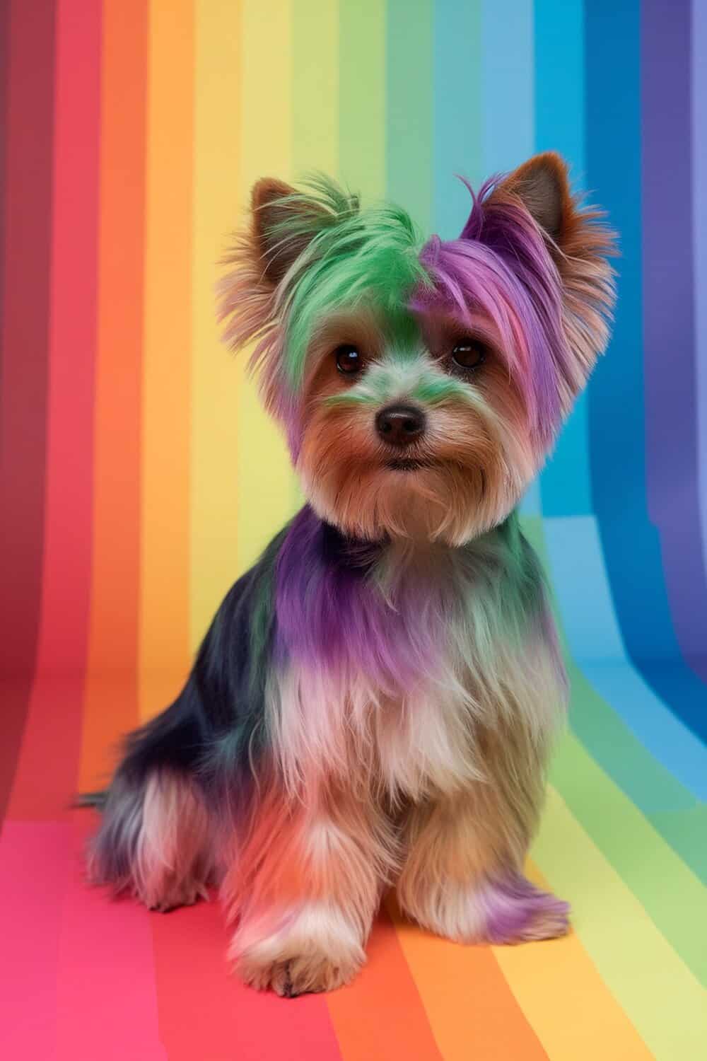 Yorkie with a vibrant color teddy bear cut, featuring rainbow hues against a colorful background.