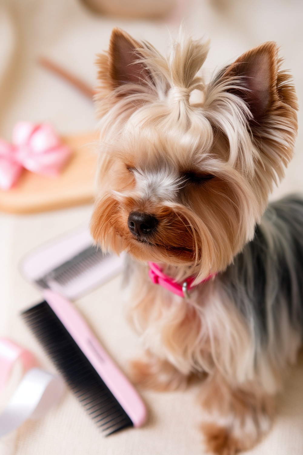 A Yorkshire Terrier with a stylish hairstyle, surrounded by grooming tools.