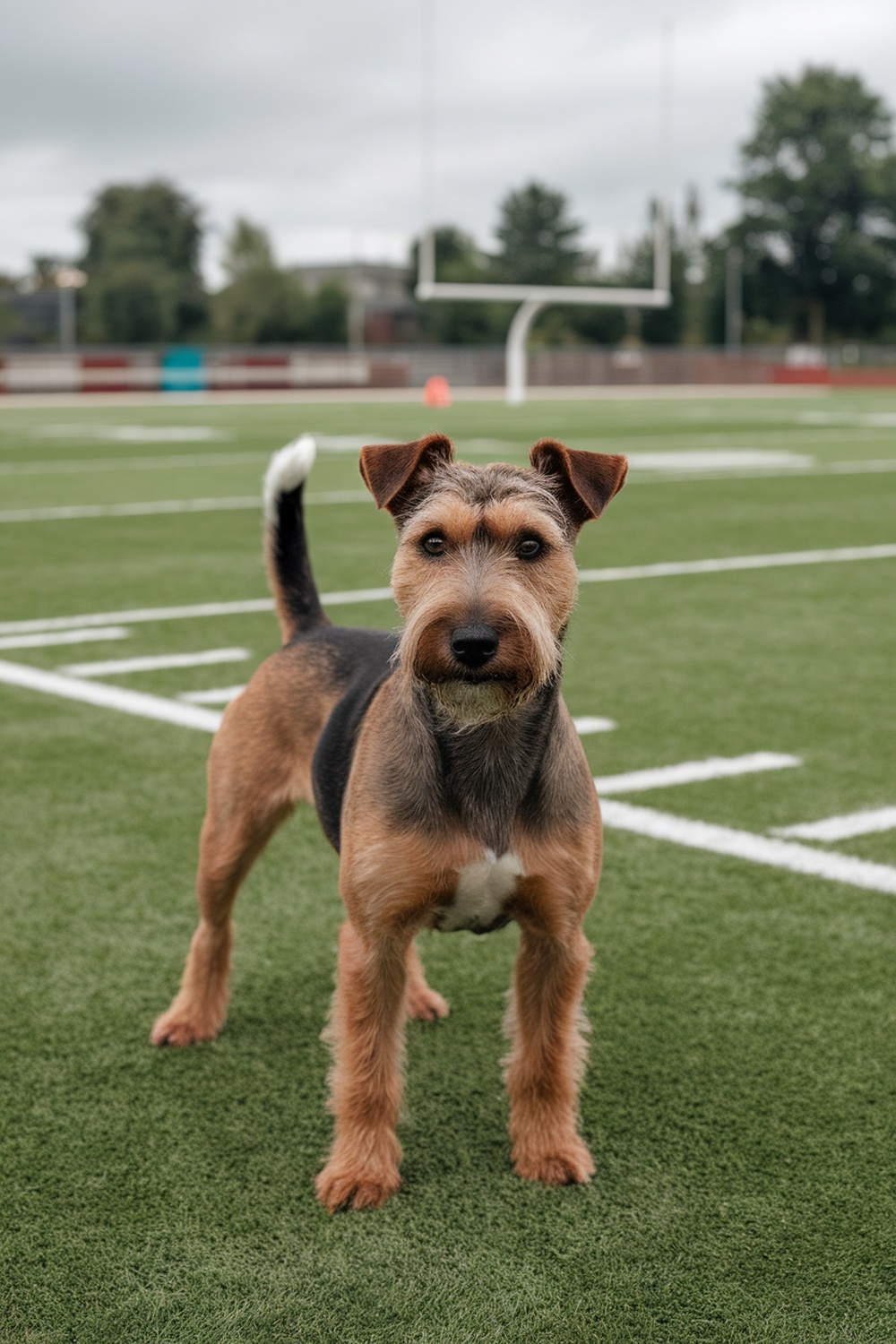 An Irish Terrier standing on a football field, showcasing its energetic demeanor.