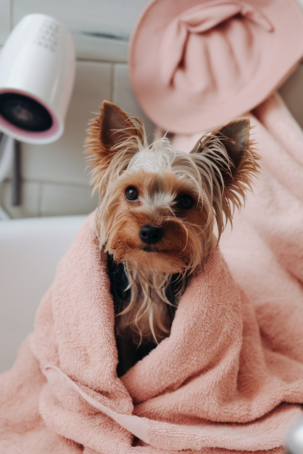 A Yorkshire Terrier wrapped in a pink towel, looking cozy after a bath, with a hairdryer in the background.