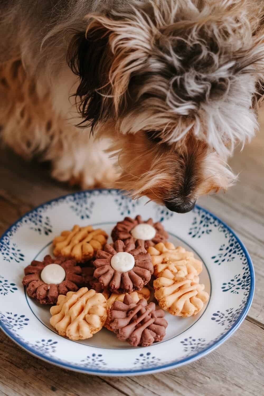 A plate of carob and peanut butter cookies with a dog sniffing them.