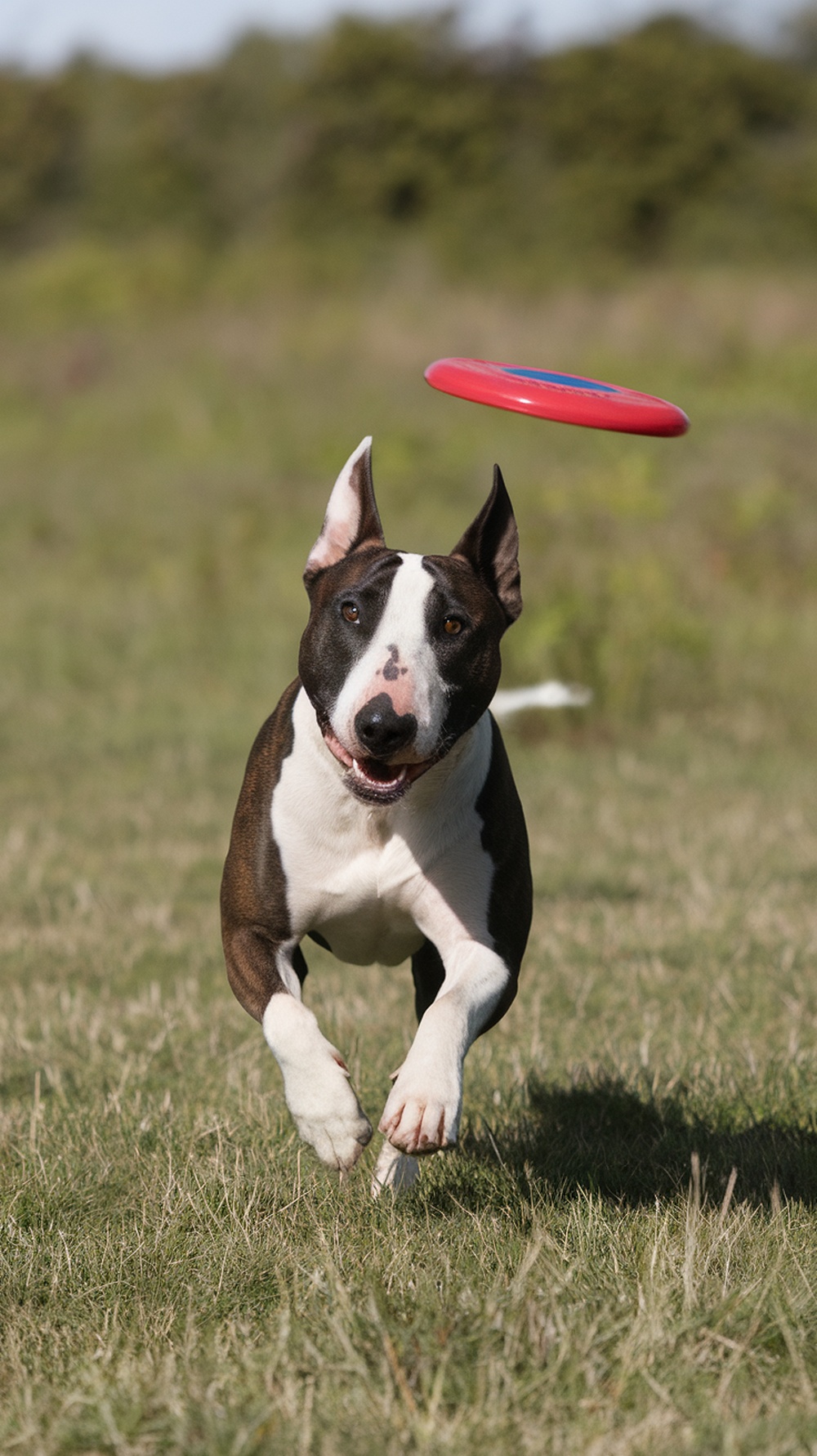 An American Bull Terrier running to catch a frisbee in a grassy field.