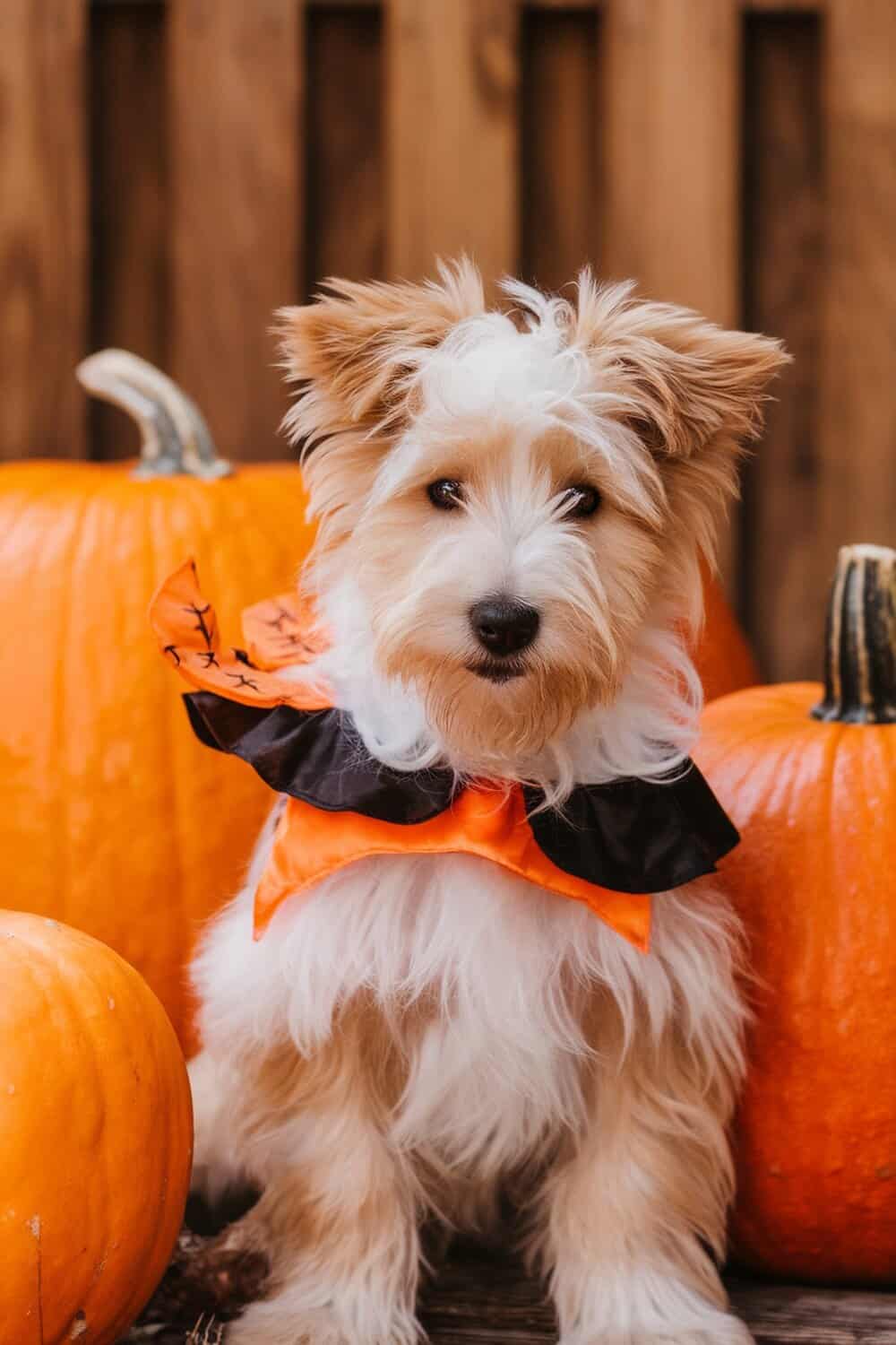 Wheaten Terrier puppy in a Halloween costume sitting among pumpkins