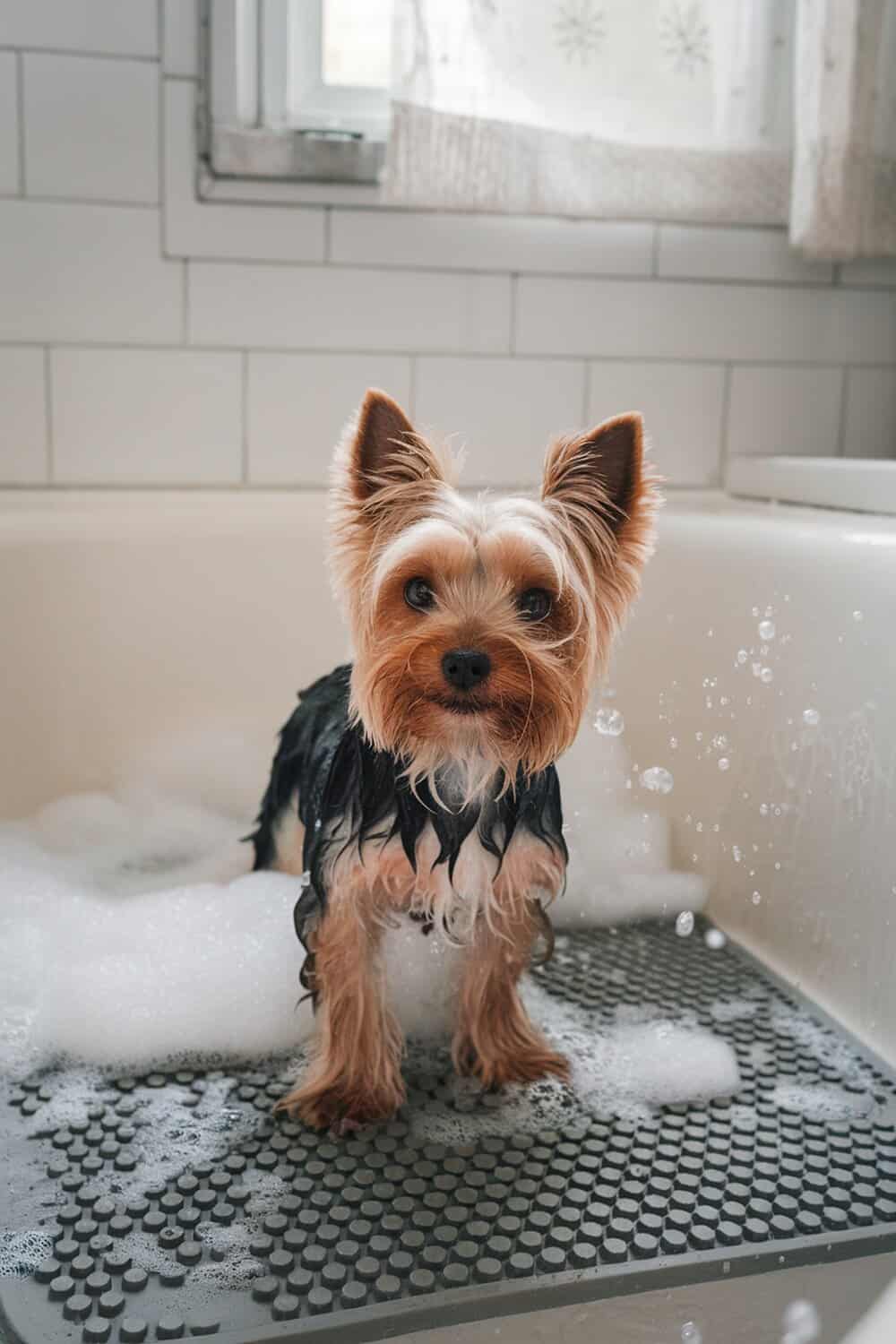 A Yorkshire Terrier standing in a bathtub filled with bubbles, looking curiously at the camera.