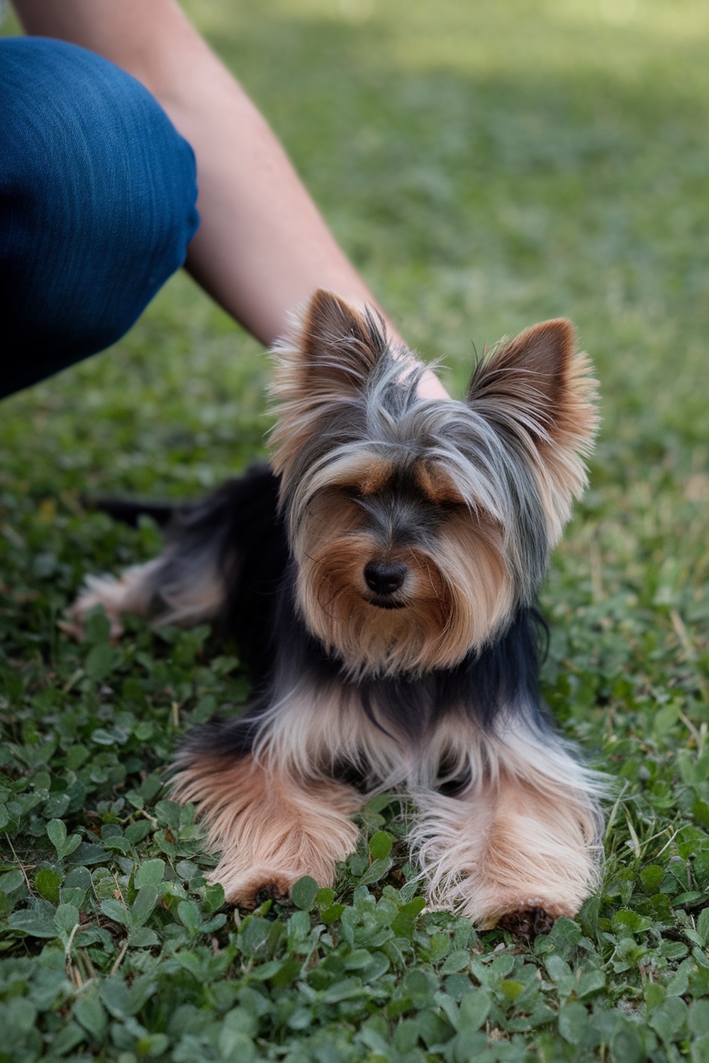 A mini Yorkie lying on grass with a person gently petting it.