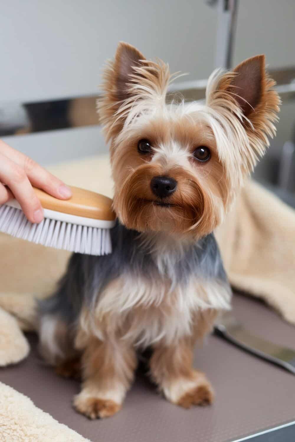 A Yorkshire Terrier being brushed with a slicker brush.