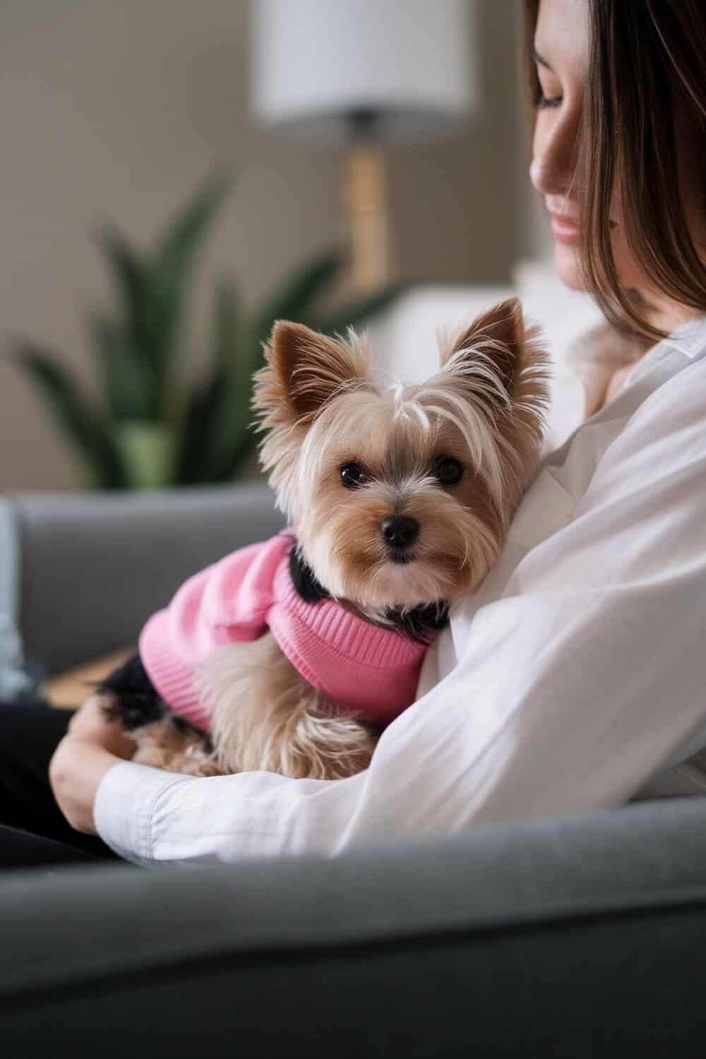 A woman cuddling a mini Yorkie on a couch.