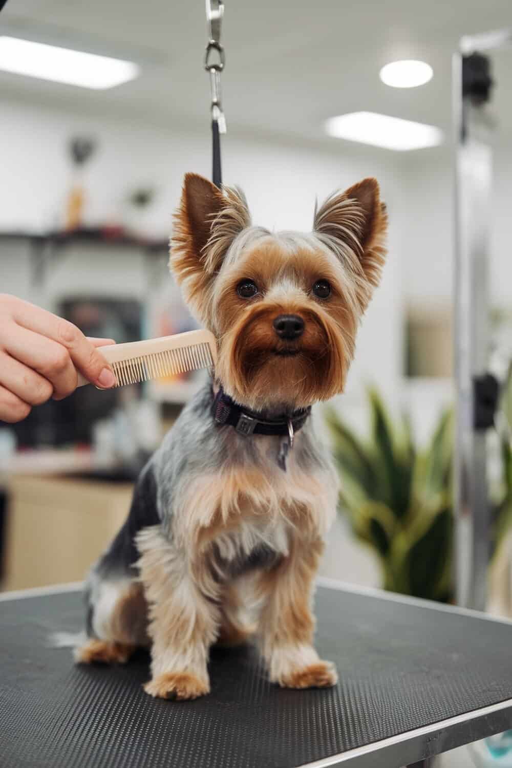 A Yorkshire Terrier being groomed with a comb by a groomer.