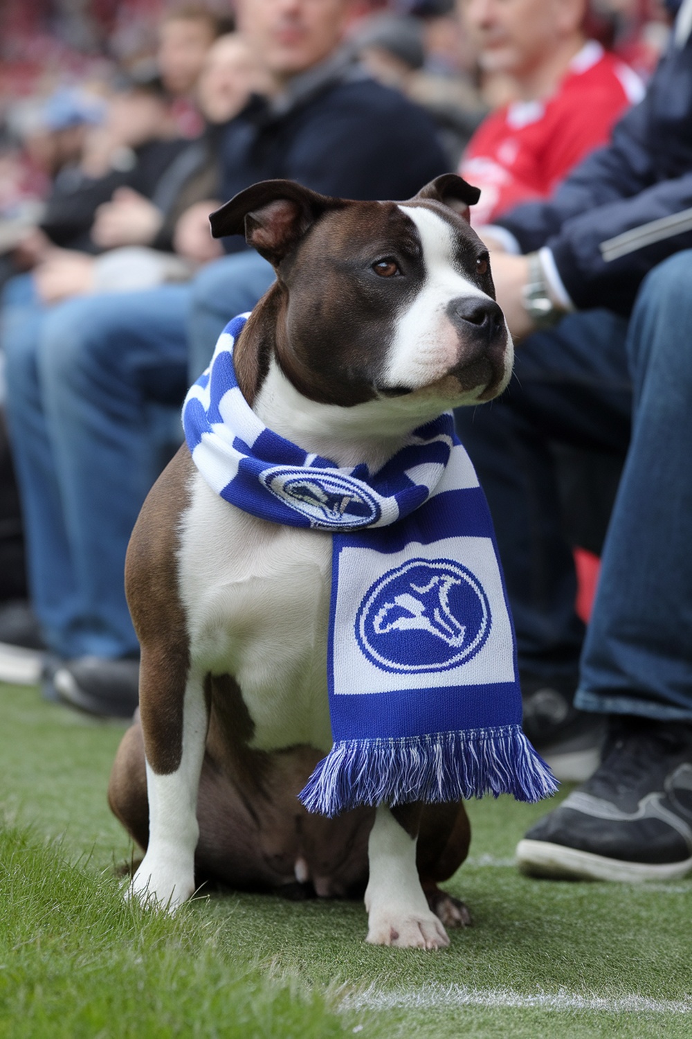 A Staffordshire Bull Terrier wearing a blue and white scarf, sitting on the grass at a football match.