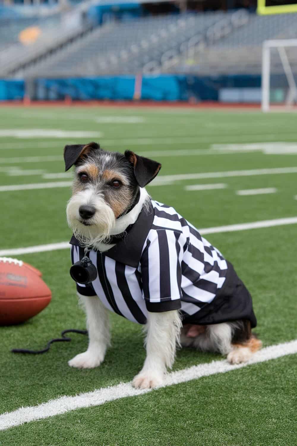 A terrier dog dressed in a referee costume with black and white stripes, sitting on a football field next to a football.