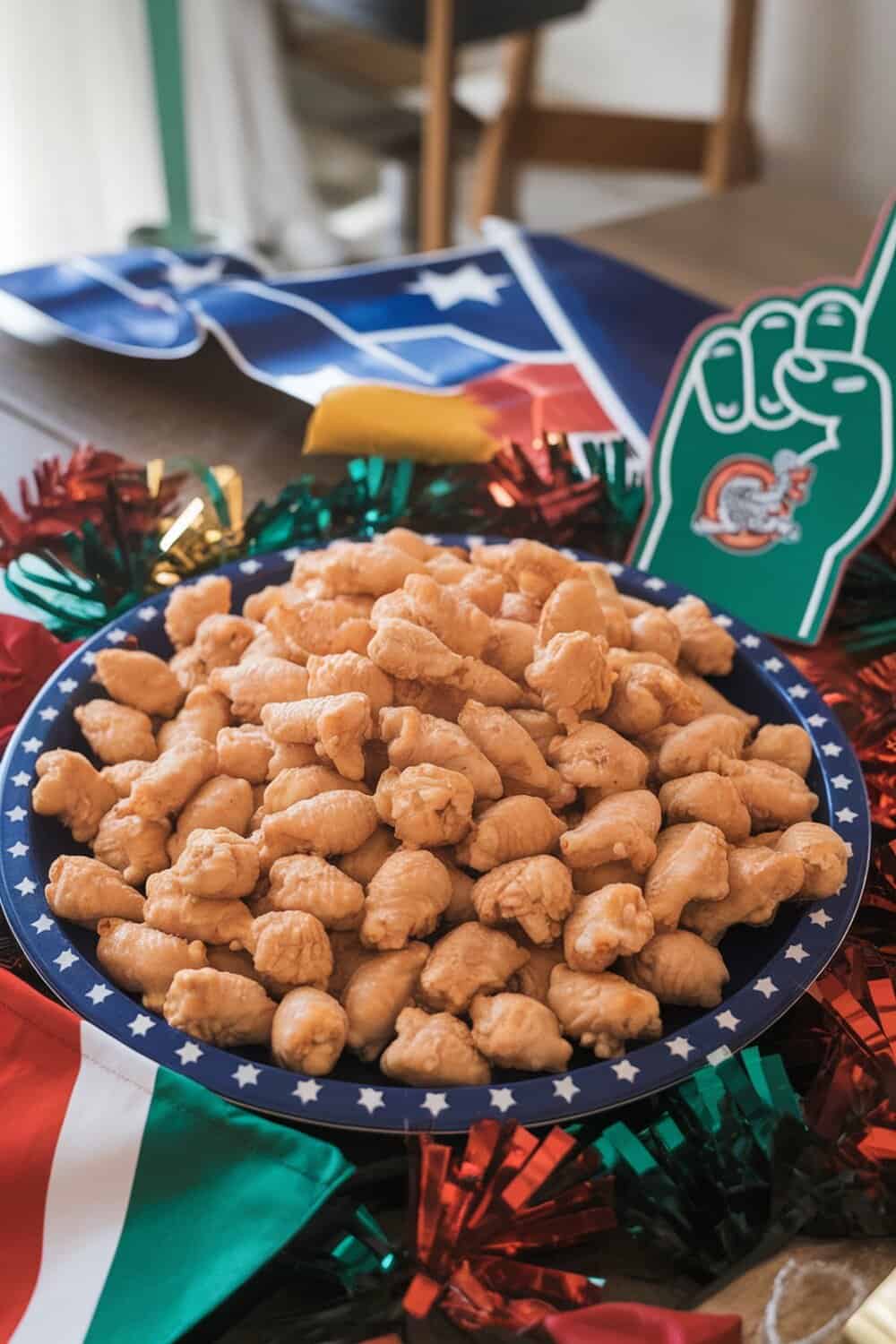 A plate of small, crunchy dog treats shaped like chicken wings, surrounded by festive decorations.