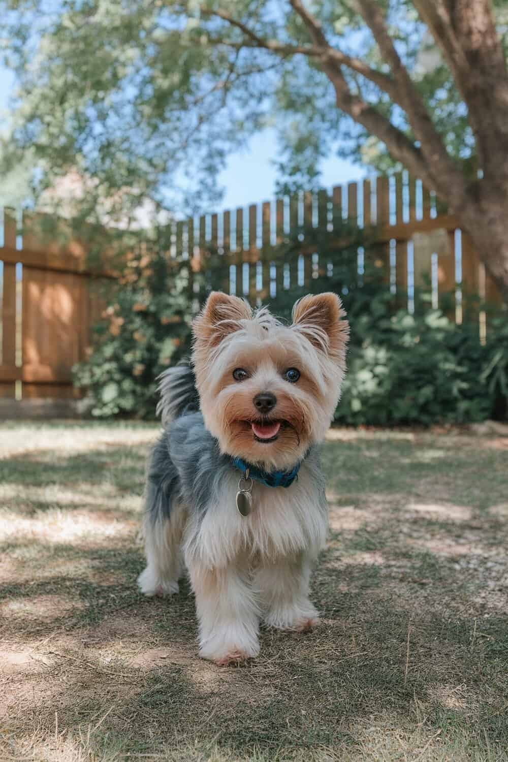 A Yorkie with a fluffy tail and a teddy bear cut, standing in a grassy area.