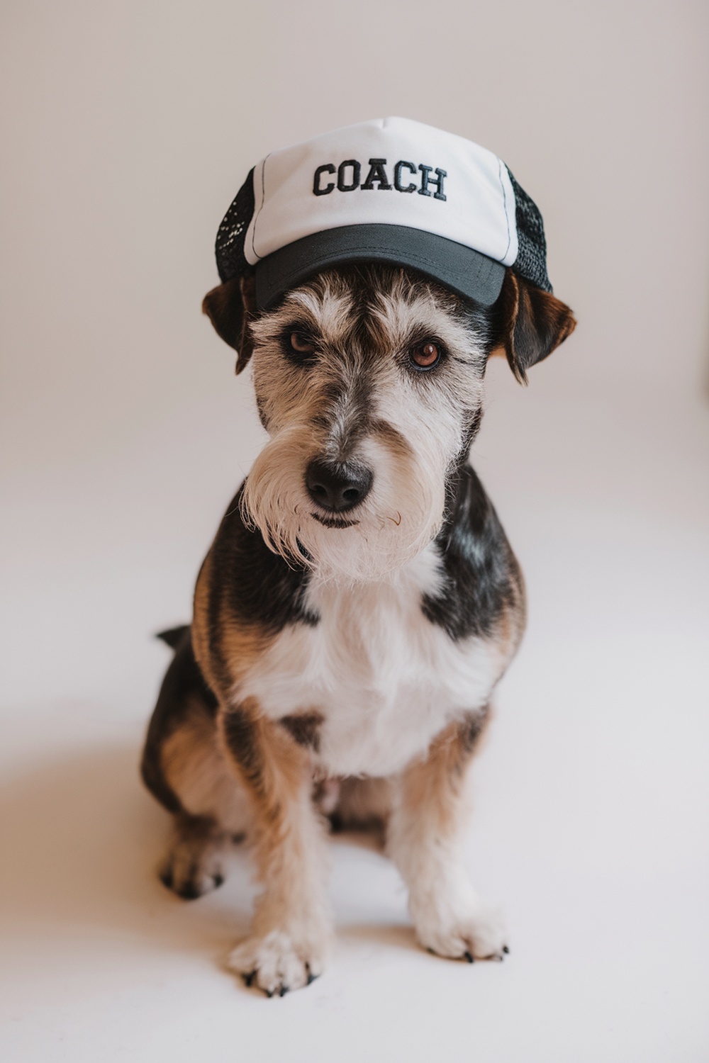 A spirited terrier dog wearing a cap that says 'COACH'.