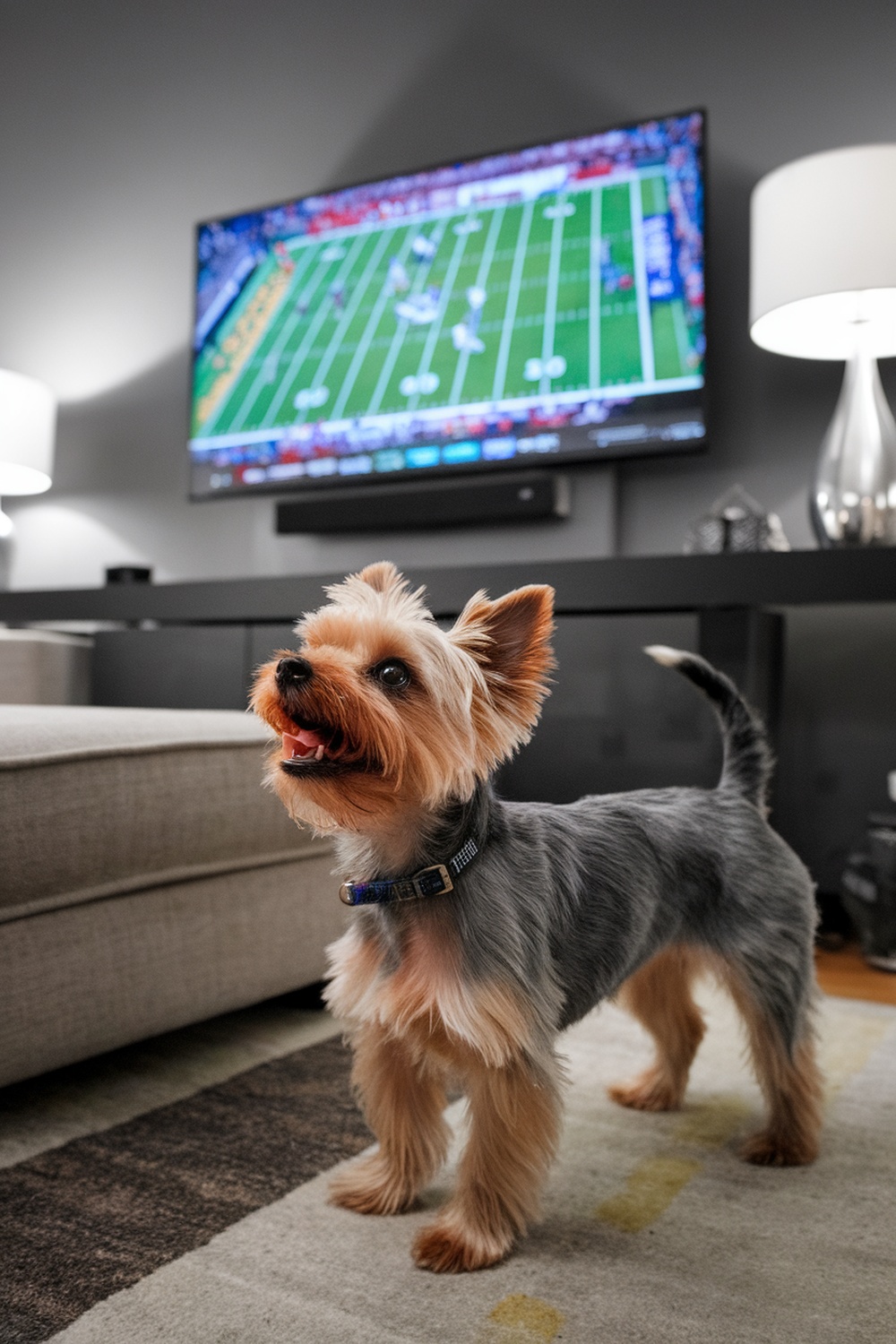 A Yorkshire Terrier standing in front of a TV showing a football game.
