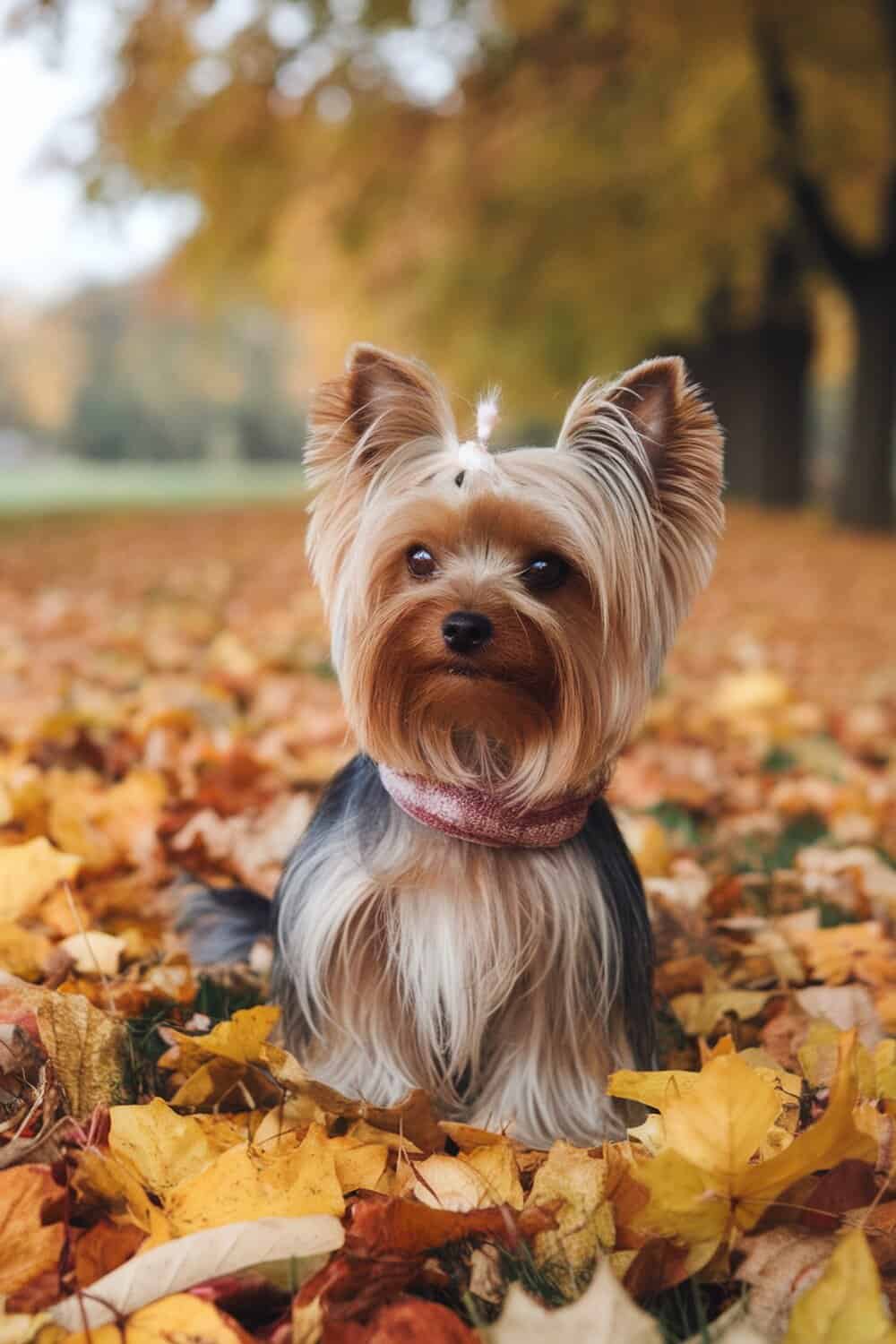 Yorkie with a teddy bear cut sitting among autumn leaves