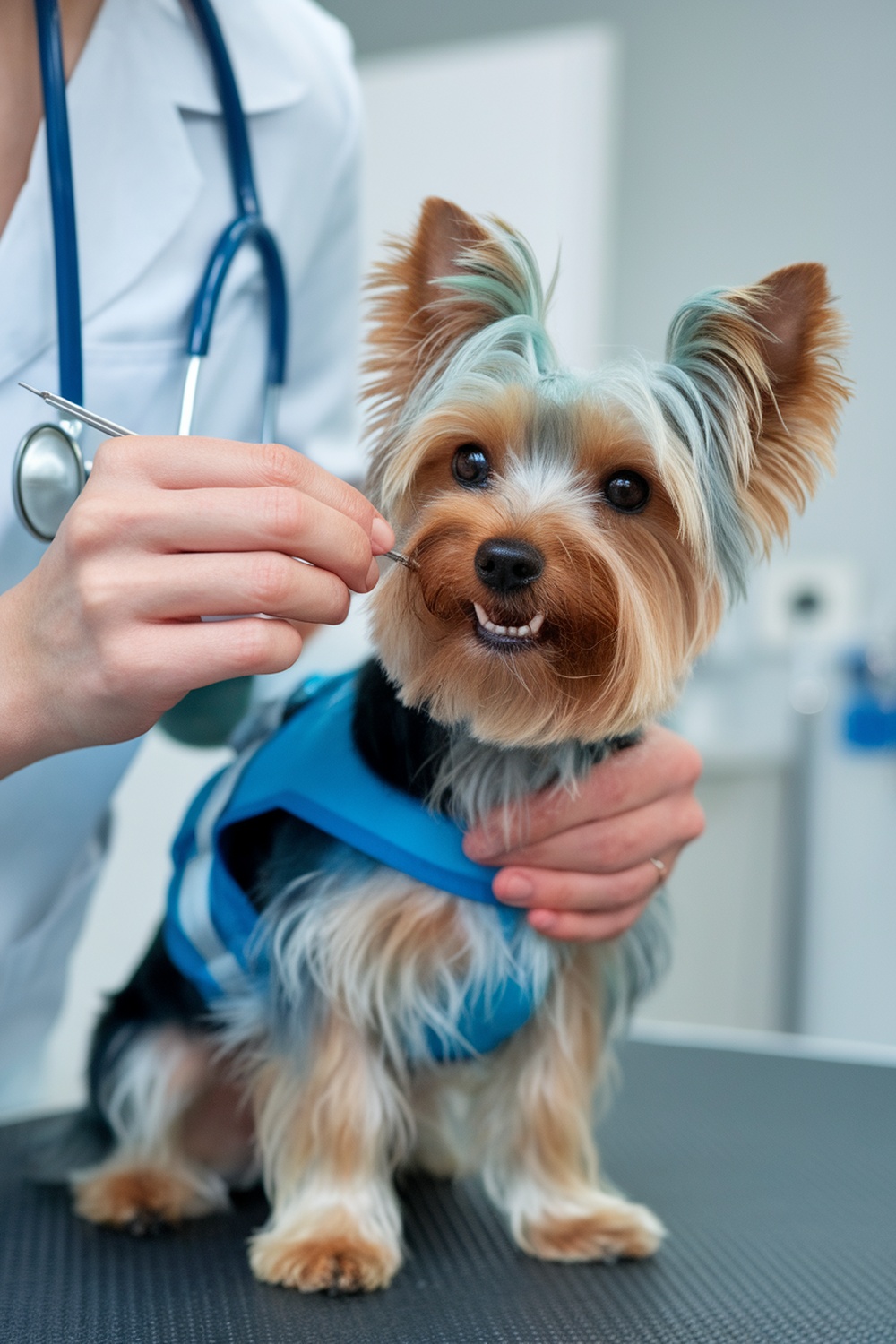 A Yorkshire Terrier being groomed by a veterinarian