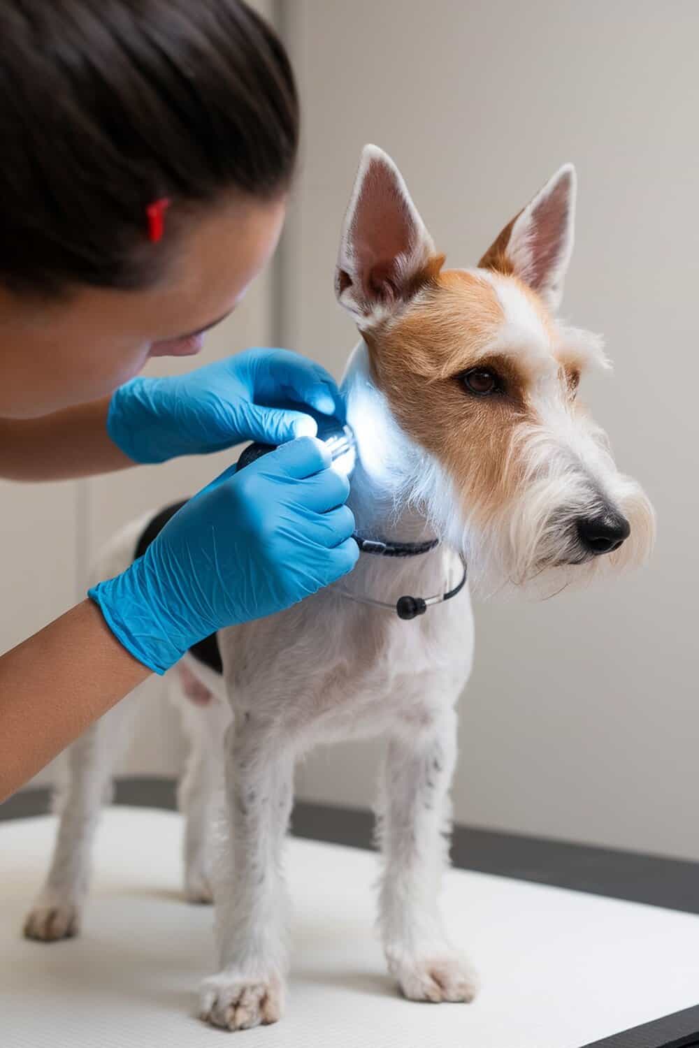 A groomer examining a Wire Fox Terrier's skin with a flashlight.