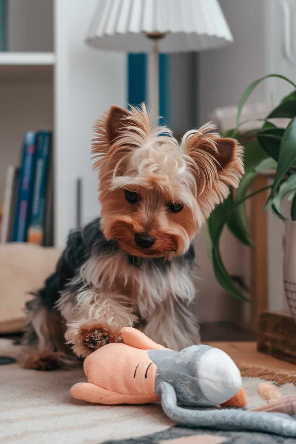 Yorkie with a curly teddy bear cut playing with a toy.