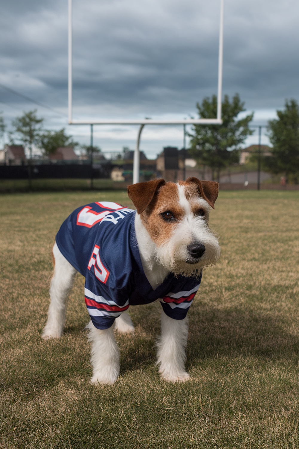 A spirited terrier dog wearing a football jersey on a field.